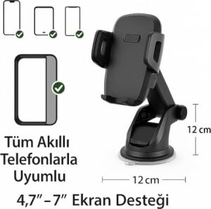 Araç Telefon Tutucu – 360° Döner, Teleskopik Kollu, Torpido & Cam Üstü Vantuzlu, Uzunluk Ayarlı Oto Telefon Standı