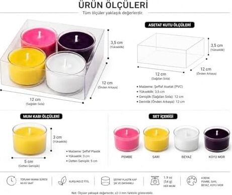 Mum Seti 4 Lü - Dekoratif Mum Seti – Uzun Yanma Süreli - Kurşunsuz Fitilli – Ev - Spa - Yatak Odası ve Davet Organizasyonlar - Renkli - Ucuz - Hediyelik - Nişan - Düğün - Masaj -Sarı-Pembe-Beyaz-Mor