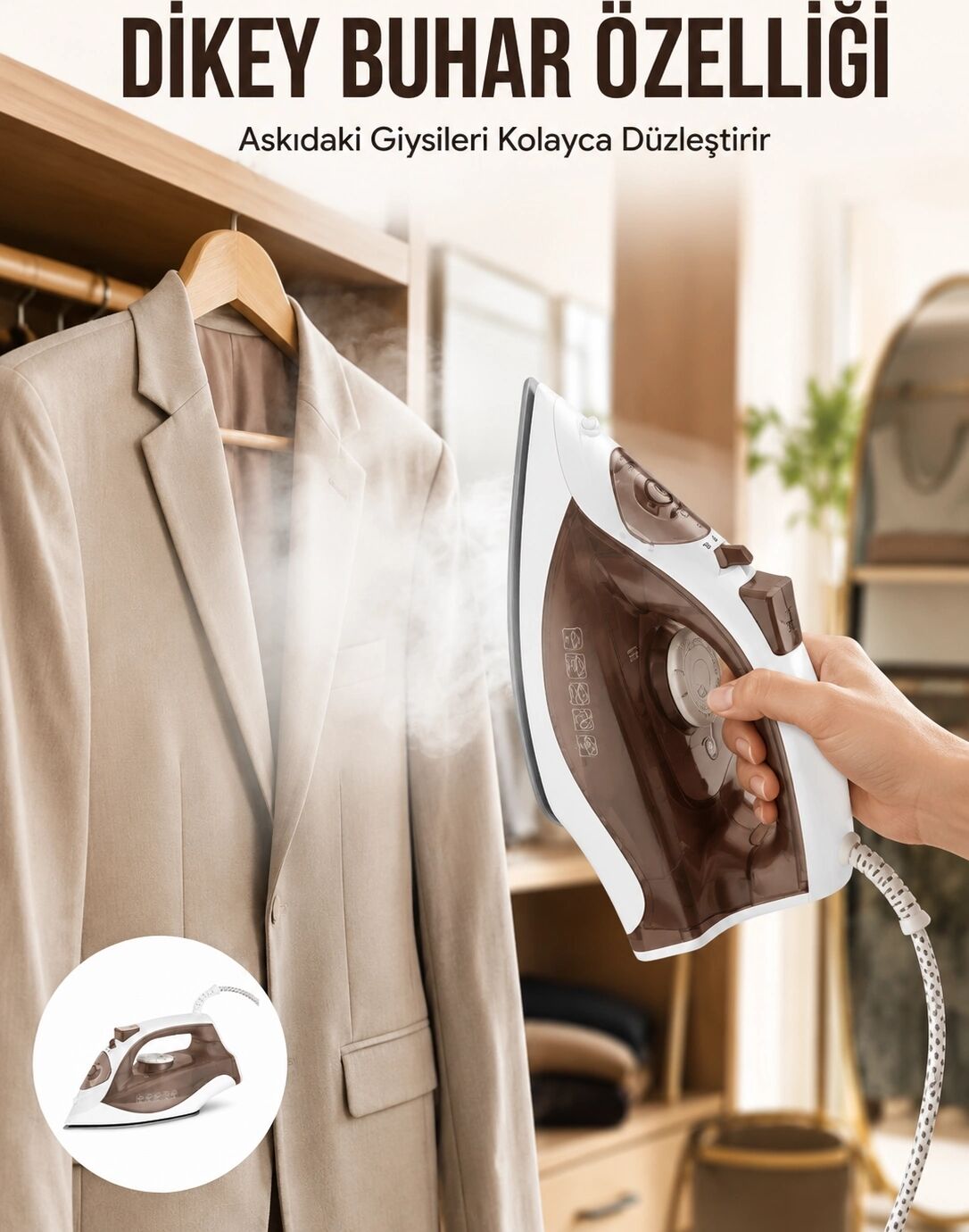 Kahverengi Buharlı Ütü 2200W Sürekli Buhar 120 G Şok Buhar