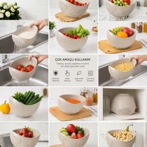 Çok Amaçlı Süzgeç ve Pirinç Kasesi, Oval, Krem, 3 Litre,