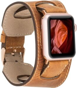 Apple Watch Uyumlu Deri Kordon 42-44-45MM Cuff G19 Taba