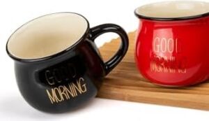 2'li Emaye Görünümlü Renkli Porselen Kupa Seti Good Morning Gold Yazılı 250 Ml,siyah & Kırmızı