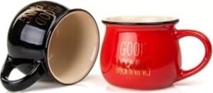 2'li Emaye Görünümlü Renkli Porselen Kupa Seti Good Morning Gold Yazılı 250 Ml,siyah & Kırmızı