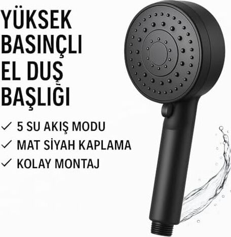 Siyah Duş Başlığı – Yüksek Basınçlı, Su Tasarruflu, Kolay Montaj, Kireç Önleyici, Banyo Aksesuarı