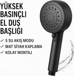 Siyah Duş Başlığı – Yüksek Basınçlı, Su Tasarruflu, Kolay Montaj, Kireç Önleyici, Banyo Aksesuarı