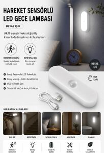 Neo Vista USB Şarjlı LED Işık, Hareket Sensörlü, Beyaz Işık, Oda, Mutfak, Salon ve Merdiven Için Taşınabilir Lamba