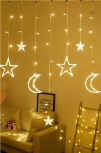 Ay ve Yıldız Figürlü LED Dekor Işık, Kumandalı 12 Sarkıtlı 120 Led, Dekoratif Ortam ve Masaüstü Aydınlatması