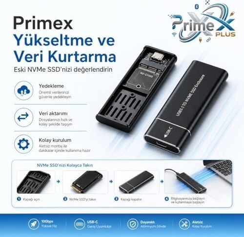 PX-M220 M.2 Nvme SSD Kutusu, Type-C USB 3.0/3.1 10GBPS Harici SSD Kutu, Pcıe Nvme Tek Çeltik M-Key SSD Uyumlu, Alüminyum Taşınabilir SSD Muhafaza, 8tb Destekli
