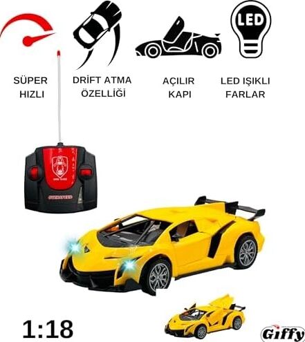 Oyuncak Uzaktan Kumandalı Şarjlı Kapıları ve Bagajı Açılan 24 cm Drift Spor Arabası Işıklı 1:18 Ölçek (Sarı)