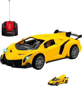 Oyuncak Uzaktan Kumandalı Şarjlı Kapıları ve Bagajı Açılan 24 cm Drift Spor Arabası Işıklı 1:18 Ölçek (Sarı)