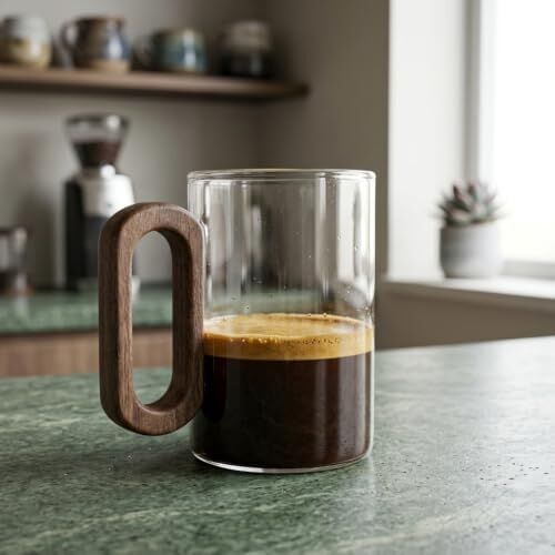 1 Adet Akasya Ahşap Kulplu Borosilikat Cam Kupa - 220 Ml, 300 ml ve 400 ml Boy Seçenekleriyle, Isıya Dayanıklı Düz ve Çizgili Tasarım Lüks Kahve, Çay ve Espresso Bardağı (Düz 300 Ml)