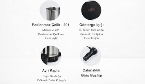 24V 800ML Araç Kettle Su Isıtıcı Çakmaklık Girişli Paslanmaz Çelik Gösterge Işıklı