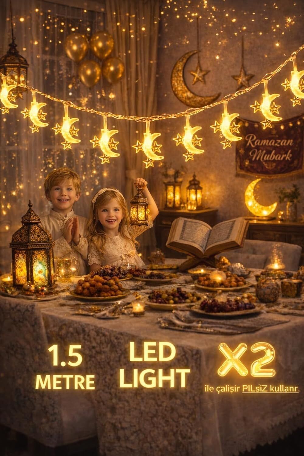 Pilli LED Işık, Şerit LED 1,5 Metre Sarı Işıklar Peri Işıkları Aydınlatmalı Şerit LED LED Işık Şerit LED Işık 3 Yıldız 1 Ay