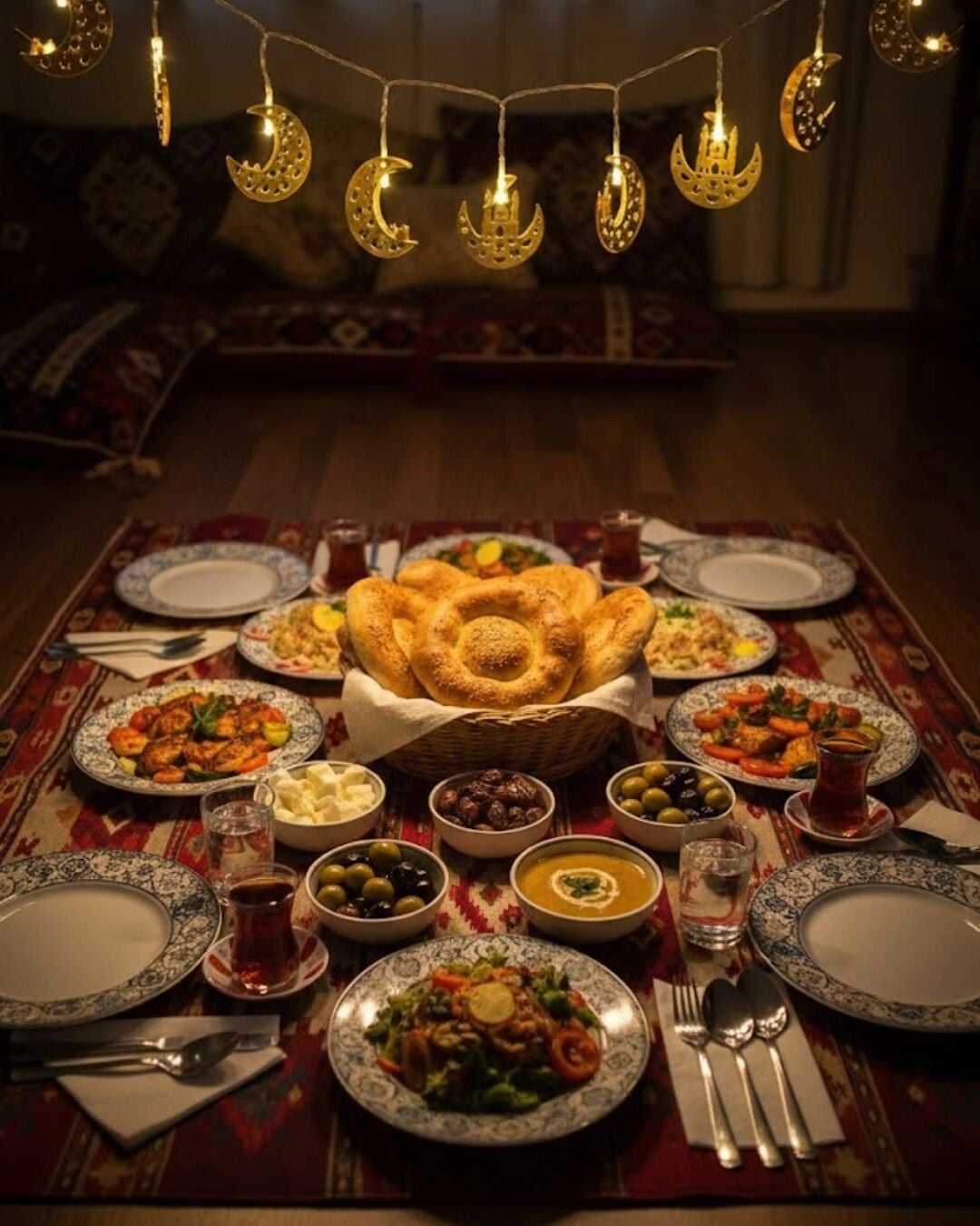 Pilli Minareli Hilal LED Işık Gold Metal Ramazan Dekorasyonu