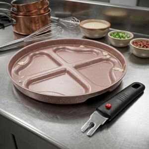 Redio Romantik 24 cm Kalpli Pankek ve Omlet Tavası - 4 Gözlü, Çıkarılabilir Saplı Yanmaz Yapışmaz Bölmeli Tava (Pembe)