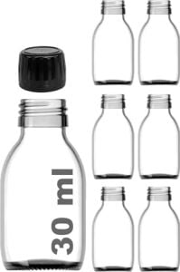 30 ml Sızdırmaz Kapaklı Şeffaf Shot Şişesi 30 cc Ginger Şat Beyaz Cam Şişe 6 Adet (Kilitli Plastik Siyah Kapak)
