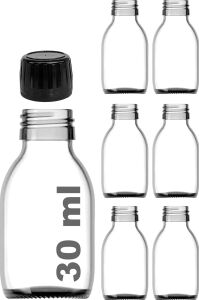 30 ml Sızdırmaz Kapaklı Şeffaf Shot Şişesi 30 cc Ginger Şat Beyaz Cam Şişe 6 Adet (Kilitli Plastik Siyah Kapak)
