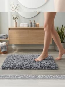 Şönil Banyo Paspası, Mikro Elyaf, Beyaz, 40X60 cm Banyo Halısı, Uzun Tüylü, Yüksek Emicilik, Makinede Yıkanabilir (Gri)