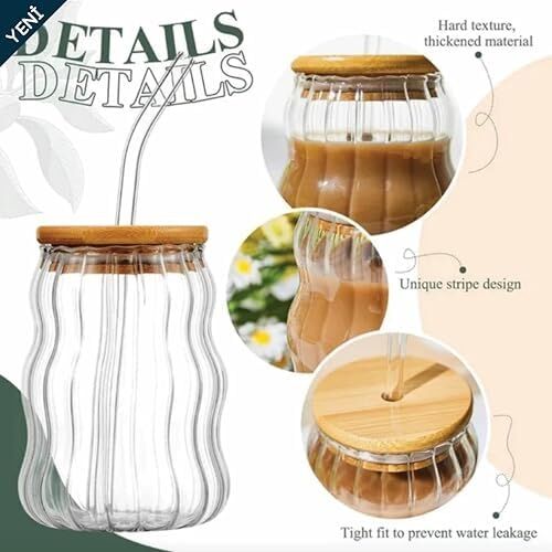 500ML Bambu Kapaklı Cam Bardak, Cam Pipetli Silikon Kapak Contalı Desenli Sıcak Soğuk Içecekler Kahve Meyve Suları ve Çayları Için Şık Ergonamik Tasarım