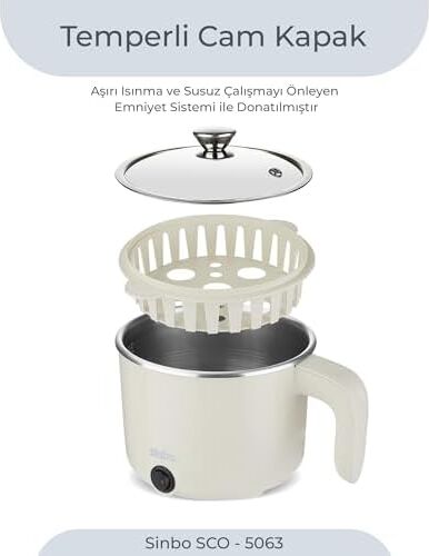 SCO-5063 Çok Fonksiyonlu Buharlı Pişirici – 800 ml Kapasite, Paslanmaz Gizli Rezistans, Temperli Cam Kapak, Krem Renk