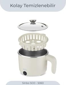 SCO-5063 Çok Fonksiyonlu Buharlı Pişirici – 800 ml Kapasite, Paslanmaz Gizli Rezistans, Temperli Cam Kapak, Krem Renk