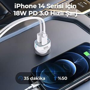 Bix BX-CCP36WT 38W Type-C Pd 20W ve Usb-A Qc 3.0 18W Çift Portlu LED Işıklı Araç Şarj Cihazı Beyaz iPhone 15/14/13/12/11/x/, Ipad, Galaxy S24/S23/S22/S21/S20 ve Daha Fazlasıyla Uyumlu BXCCP36WT