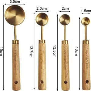 4 Adet Gold Paslanmaz Çelik Ahşap Saplı Ölçü Kaşığı Seti Ölçü Kabı Küçük