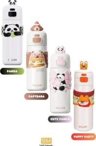 Diller 480ML Sevimli Hayvanlar Süslü Pipetli/pipetsiz El Askılı Paslanmaz Çelik Termos (Pembe Panda)