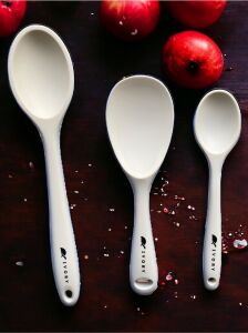 Sert Uçlu Isıya Dayanıklı Silikon Kaşık Seti, 28 Cm-22 Cm-20 Cm, Krem