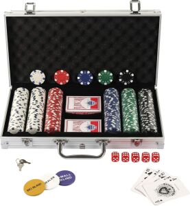 DISPLAY4TOP Poker Kılıfı, Lazer Poker Chips Poker 12 Gram, 2 Kart, Bayi, Küçük Kör, Büyük Kör Düğmeler ve 5 Zar, Alüminyum Kılıflı (300 Cips)