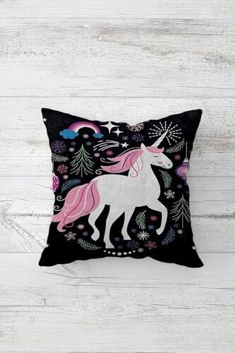 Sevimli Unicorn Desenler Gizli Fermuarlı Kırlent Kılıfı Koltuk Yastık Kılıfı TAKIM(4ADET), Pembe-Siyah 45 x 45