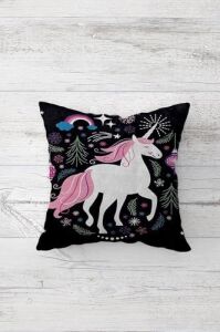 Sevimli Unicorn Desenler Gizli Fermuarlı Kırlent Kılıfı Koltuk Yastık Kılıfı TAKIM(4ADET), Pembe-Siyah 45 x 45