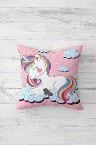 Sevimli Unicorn Desenler Gizli Fermuarlı Kırlent Kılıfı Koltuk Yastık Kılıfı TAKIM(4ADET), Pembe-Siyah 45 x 45