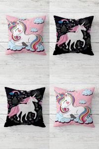 Sevimli Unicorn Desenler Gizli Fermuarlı Kırlent Kılıfı Koltuk Yastık Kılıfı TAKIM(4ADET), Pembe-Siyah 45 x 45