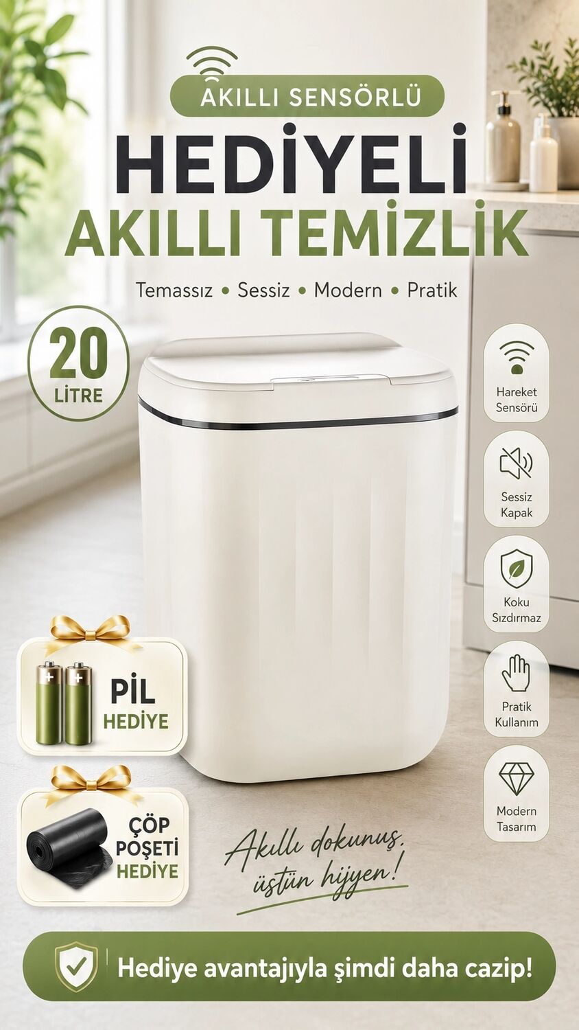 Sensörlü Çöp Kovası 20 Litre Antibakteriyel Uv Işık Çöp Torbası Sabitleyici Aparat 4 Pil Hediyeli