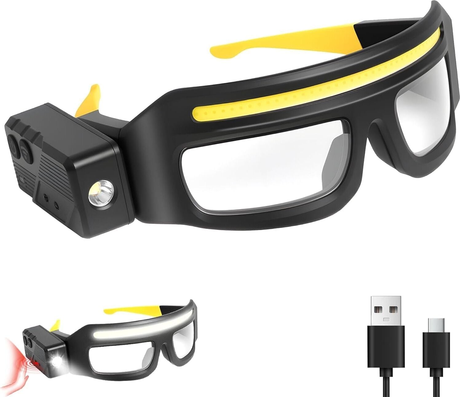 Hareket Sensörü ve Dokunmatik Kontrollü LED Koruycu Güvenlik Gözlük, Gece Koşusu, Kamp, Balıkçılık, Bisiklet, Yürüyüş, Kitap Okuma Eller Serbest Aydınlatma Için 5 Modlu USB C Işıklı (Sarı)
