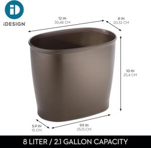 Interdesign Kent Oval Çöp Kutusu, Banyo Mutfak Ofis Için, Plastik, 30,5X20,3X25,4CM, Kahverengi