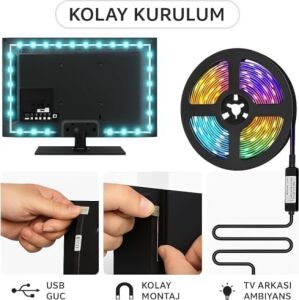 Monitör ve Tv Arkası 3 Metre Rgb Şerit LED Seti - Cata USB Bağlantılı, Uzaktan Kumandalı, 352 Renk Seçenekli Ambiyans Aydınlatma, Göz Yormayan LED Işık Sistemi