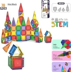 Solira Store - 70 Parça Mini Manyetik Blok Seti 3.75 cm Güçlü Mıknatıslı Renkli 3D Yapı Oyuncak Stem Eğitici Zeka Geliştirici