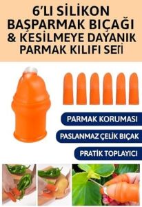 6'lı Silikon Başparmak Bıçağı ve Kesilmeye Dayanıklı Parmak Kılıfı Seti, Meyve ve Sebze Toplama Için Paslanmaz Çelik Kesici, Bahçe Budama Eldiveni Kiti