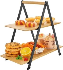 2 Katlı Dikdörtgen Bambu Servis Sunum Seti Büyük Boy, Kuru Pasta, Kurabiye ve Kek Sunumları Için Büyük Boy (34CM-26.5CM-16CM)