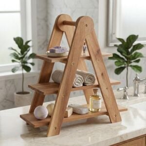 Doğal Akasya Ahşap 3 Katlı Sunum Standı - 37X12.3X37.5 cm Çok Amaçlı Katlı Servis Tepsisi, Kurabiyelik ve Peynir Sunumluğu