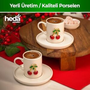 Heda Porselen Kiraz Işlemeli 4 Parça 2 Kişilik Porselen Kahve Fincan Takımı – Şık Desenli Türk Kahvesi Seti