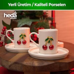 Heda Porselen Kiraz Işlemeli 4 Parça 2 Kişilik Porselen Kahve Fincan Takımı – Şık Desenli Türk Kahvesi Seti