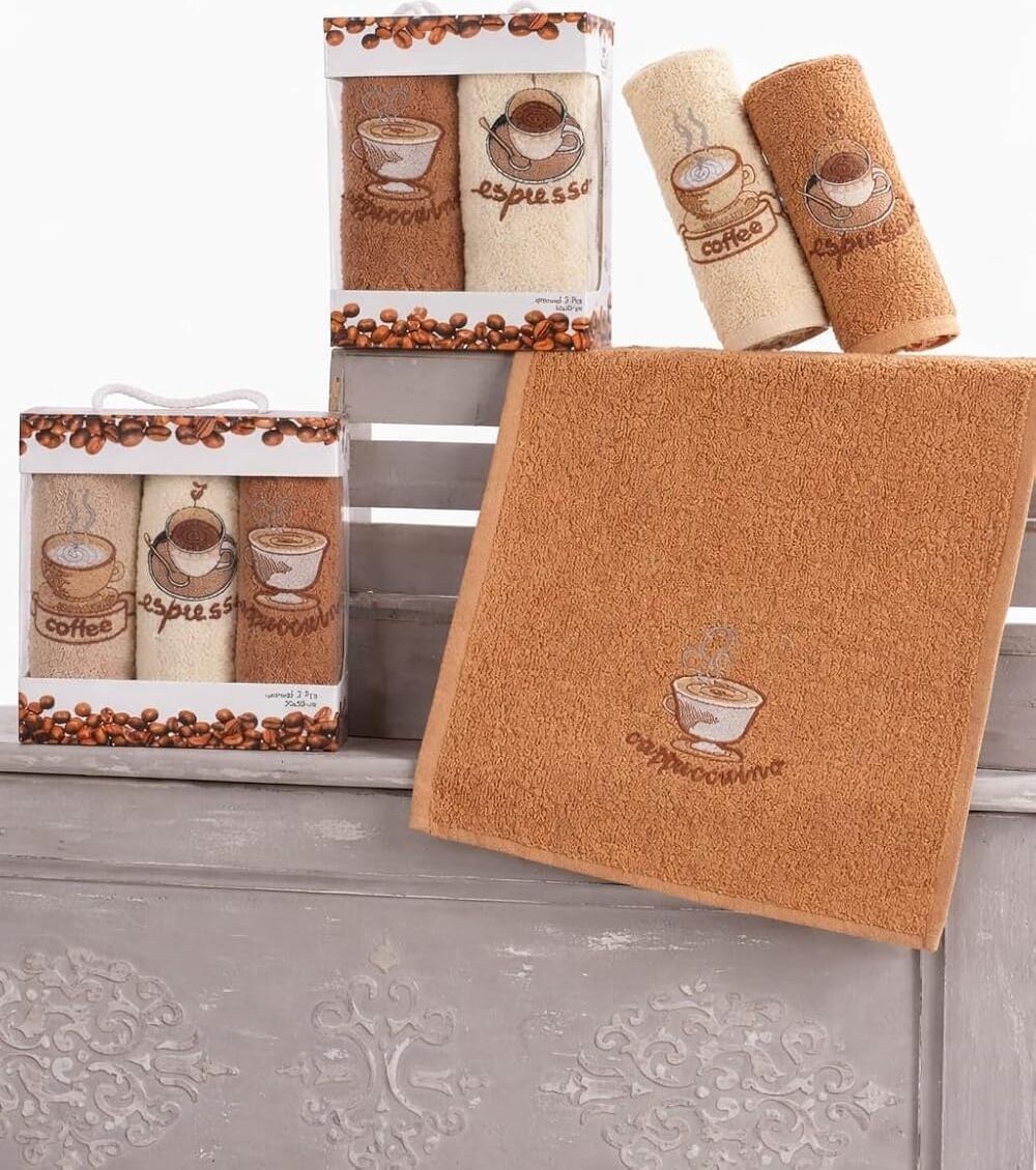 Nakışlı 3'lü Mutfak ve El & Yüz Havlu Seti 30X50 cm Coffee, Nakıslımutfak