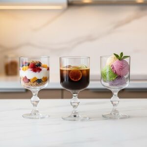 3’lü Cam Ayaklı Kadeh Seti – 280 ml Şeffaf Tatlı ve Içecek Kadehi