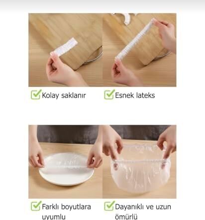 100 Adet Gıda Bonesi Streç Kapak | Esnek Tabak ve Kase Kaplama Bonesi | Yeniden Kullanılabilir Gıda Koruyucu Kapak | Mutfak Saklama Bonesi | Sevimli Ipli Saklama Torbası
