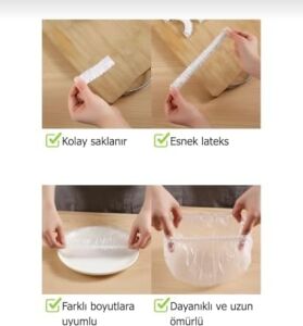 100 Adet Gıda Bonesi Streç Kapak | Esnek Tabak ve Kase Kaplama Bonesi | Yeniden Kullanılabilir Gıda Koruyucu Kapak | Mutfak Saklama Bonesi | Sevimli Ipli Saklama Torbası