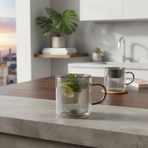 250 ml Çift Cidarlı Borosilikat Cam Kupa - Antrasit Detaylı, Dikey Çizgili Isıya Dayanıklı Kahve ve Çay Bardağı