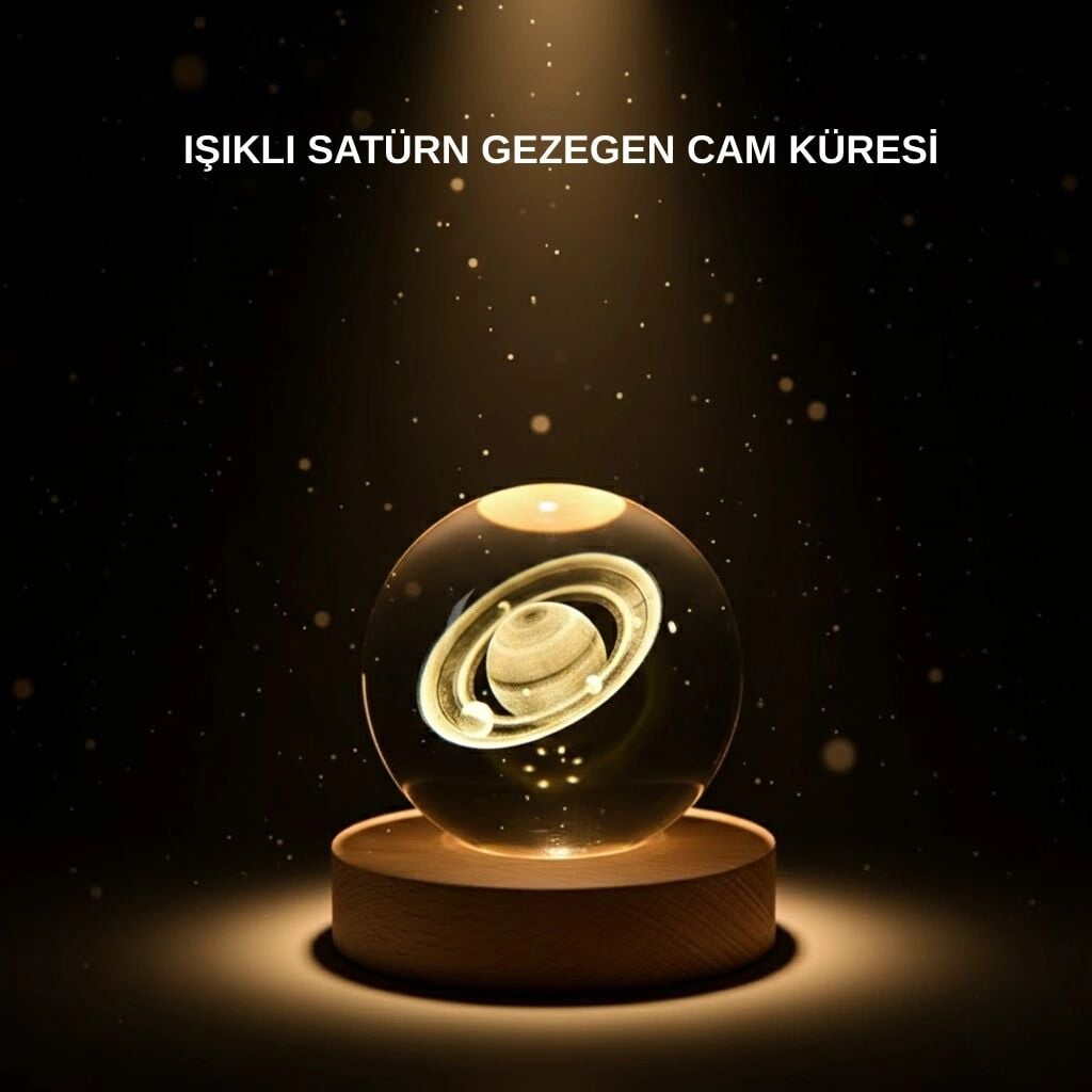 Ahşap Tabanlı 3D Satürn Kristal Küre Atmosfer Lambası
